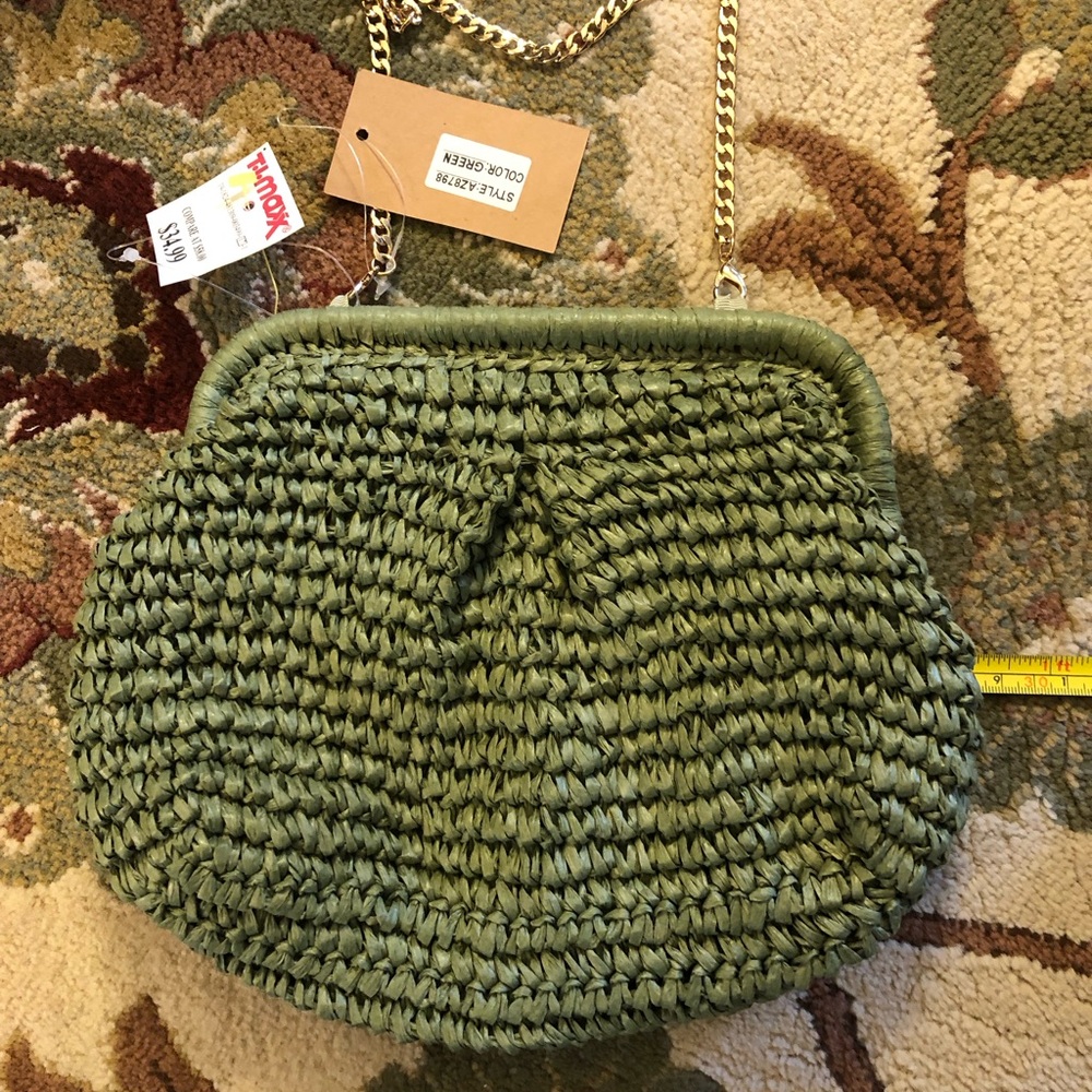 Sage green  Woven Straw Crossbody Bag with Chain Strap